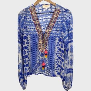 Rococo Sand Blue White Beaded Ionic Top with Tassel Ties Small